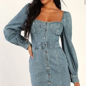 Trending Sweet Blue Denim Balloon Sleeve Mini Dress with Pockets